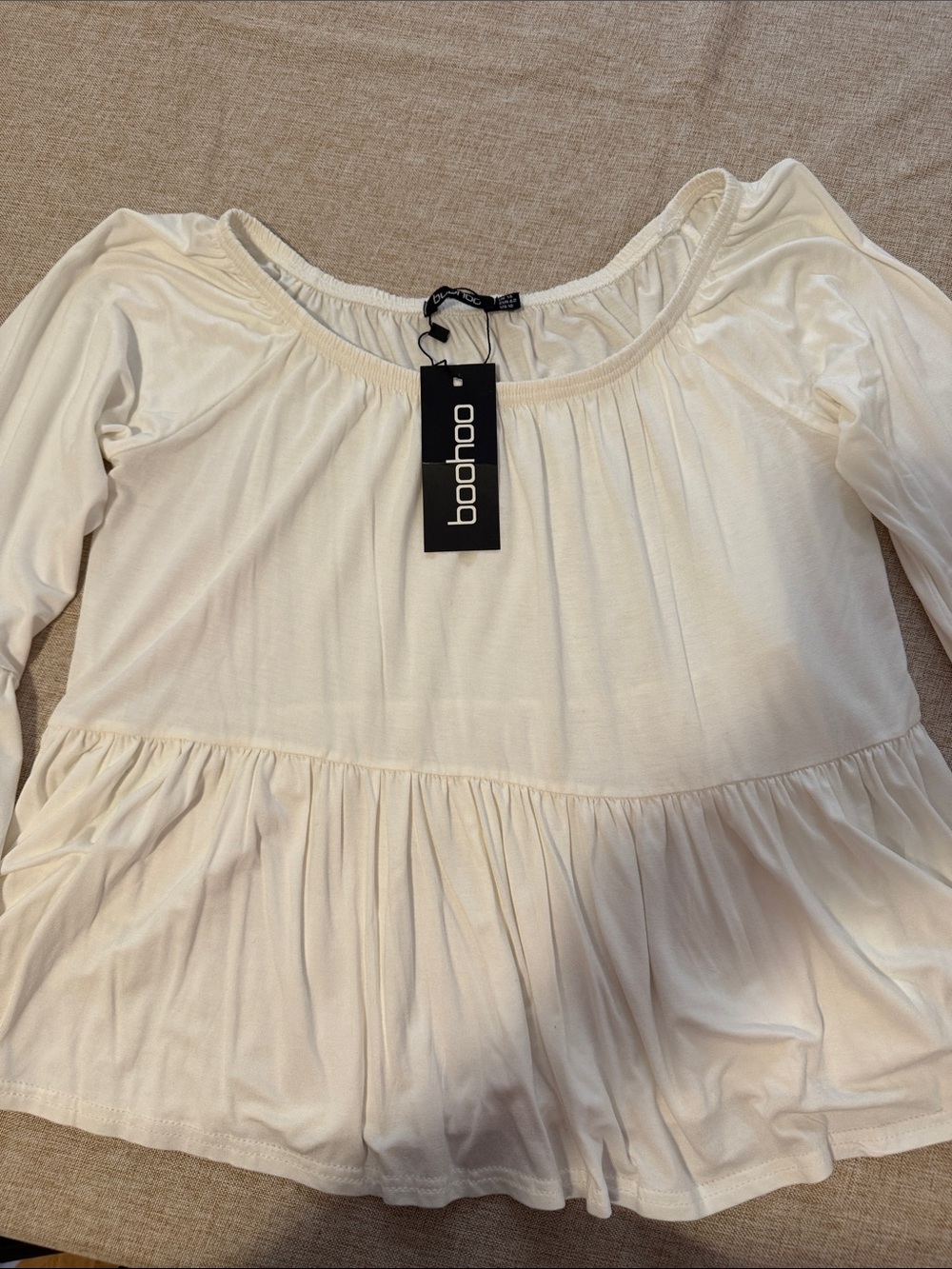 Boohoo Cream Off-Shoulder Peplum Tunic